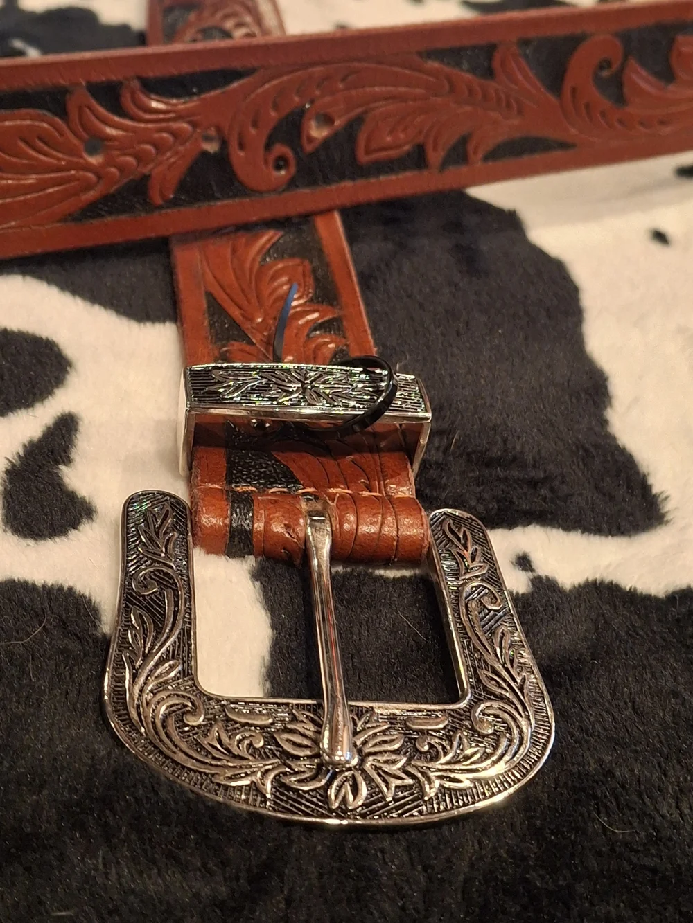Tooled Brown Leather Belt with Silver Floral Buckle
